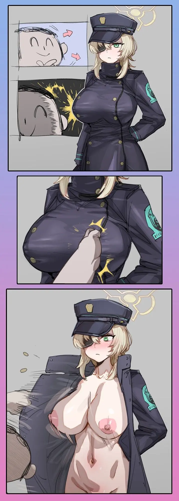 Image 1girls,blush,breasts,female,large_breasts,open_clothes,1boy,male,blue_archive,embarrassed,expressionless,large_areolae,looking_at_another,bouncing_breasts,sagging_breasts,large_nipples,sensei_(blue_archive),pervert,looking_at_each_other,highlander_railroad_academy_logo_(blue_archive),highlander_railroad_academy_student,3koma,highlander_railway_academy,highlander_supervision_office_(blue_archive),suou_(blue_archive),naked_coat,arona's_sensei_doodle_(blue_archive)