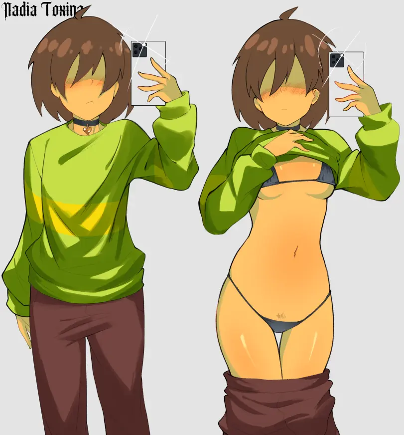Image 1girls,female,solo,panties,shaved_pussy,brown_hair,collar,shirt_lift,shaved_crotch,sweater,phone,deltarune,rule_63,undertale_(series),kris_(deltarune),kris_dreemurr,green_sweater,taking_picture,heart_collar,hidden_curves,pulling_down_pants,kris_female_(deltarune),nadia_toxinz