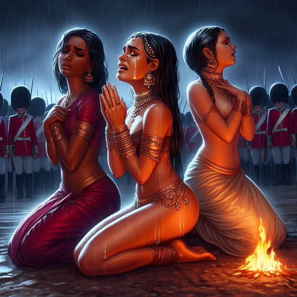 Image female,light-skinned_female,light_skin,long_hair,male,kneeling,interracial,ai_generated,jewelry,tagme,crying,closed_eyes,black_hair_female,defeated,3girls,femsub,brown_skin,rain,praying,imminent_rape,enslaved,indian,indian_female,brown-skinned_female,history,soldier,colonialism,spoils_of_war,raining,imminent_gangbang,conquered,british_empire,british_soldier,dall-e3,historical,historical_porn,india,indian_clothes,saree,soldiers,surrendering