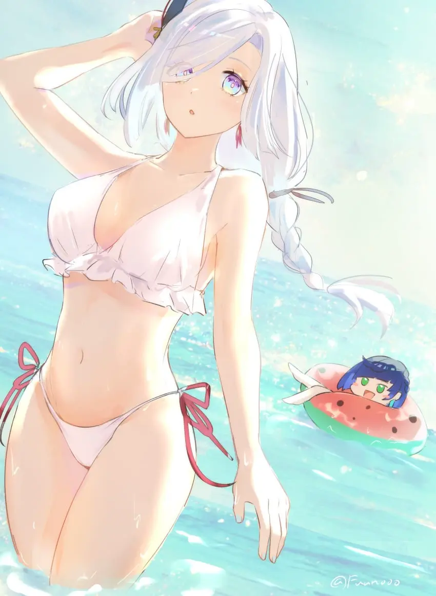 Image female,female_only,highres,light_skin,long_hair,looking_at_viewer,standing,white_hair,2girls,blue_hair,short_hair,bikini,water,ocean,standing_in_water,belly_button,swimsuit,mature_female,genshin_impact,outdoors,hourglass_figure,looking_at_another,white_bikini,high_resolution,thong,mature,day,braided_hair,summer,hoyoverse,thong_bikini,two_piece_swimsuit,shenhe_(genshin_impact),yelan_(genshin_impact),fuunooo