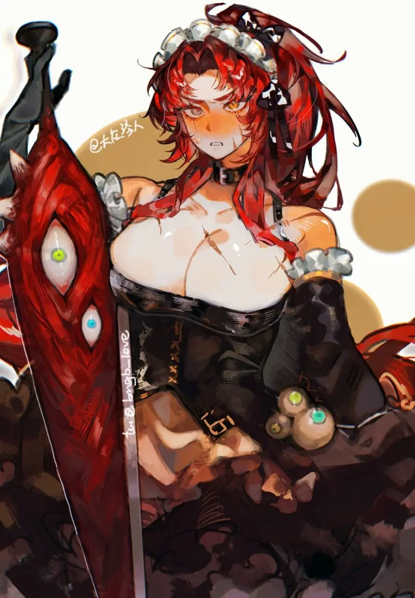 Image 1girls,big_breasts,blush,breasts,female,long_hair,looking_at_viewer,yellow_eyes,red_hair,cleavage,maid_uniform,revealing_clothes,scar,gebura_(lobotomy_corporation),library_of_ruina,project_moon,lobotomy_corporation