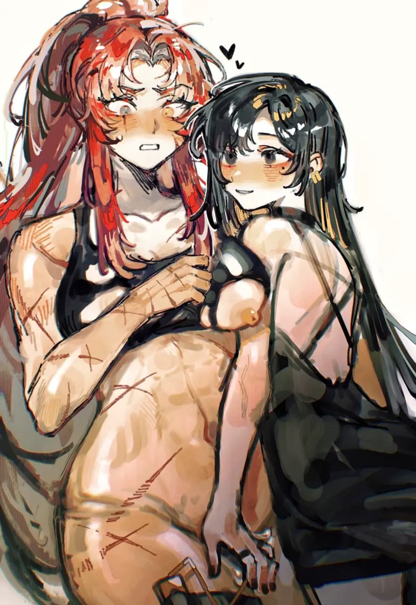 Image big_breasts,breasts,exposed_breasts,female,long_hair,2girls,black_hair,multiple_girls,red_hair,medium_breasts,underwear_only,revealing_clothes,torn_clothes,scar,visible_nipples,binah,gebura_(lobotomy_corporation),library_of_ruina,project_moon