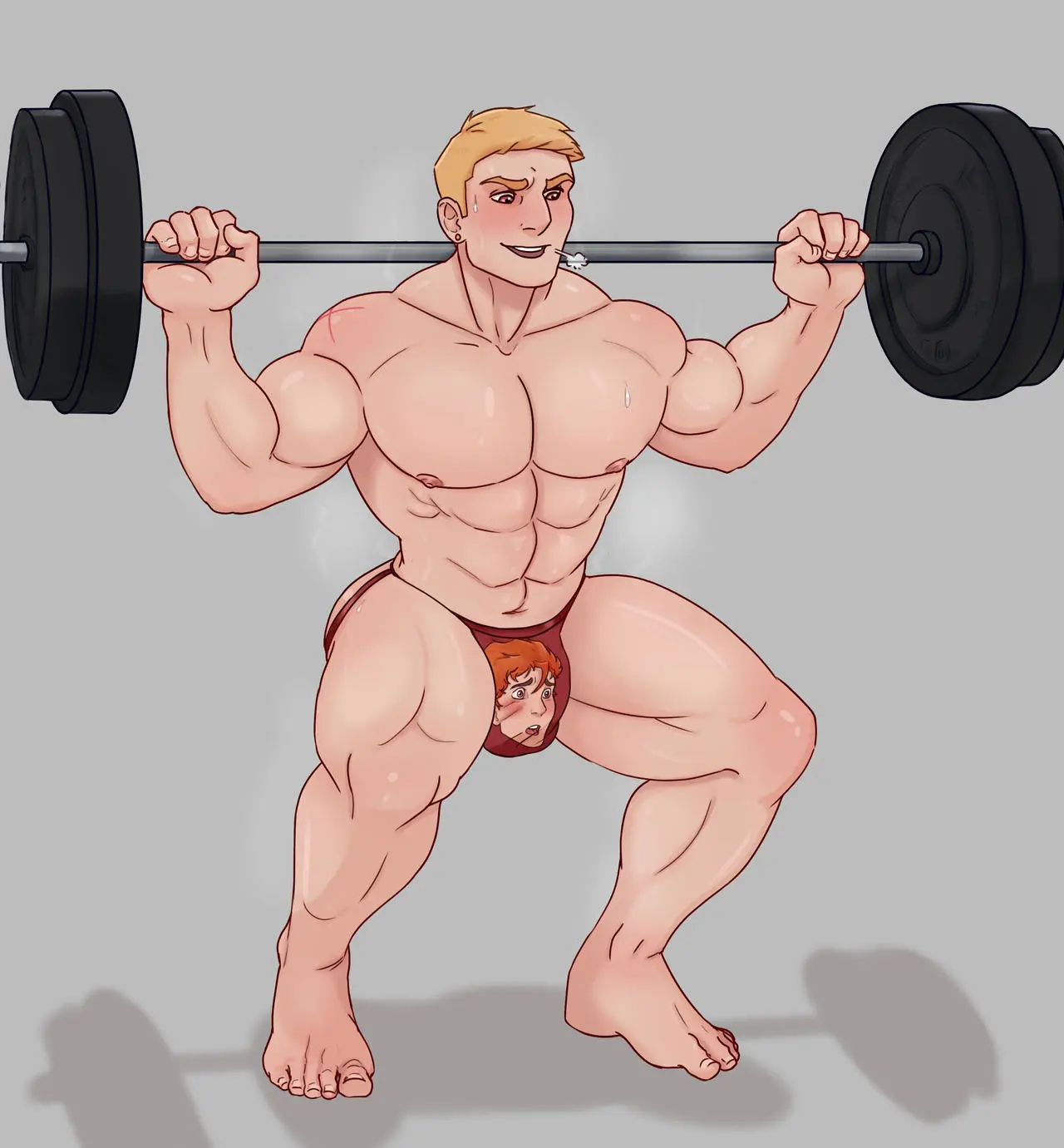 Image male,muscular,muscular_male,male_only,sweaty,original_characters,musk,jockstrap_only,exercise,barbell,marmotap,officer_dare,living_underwear,squats