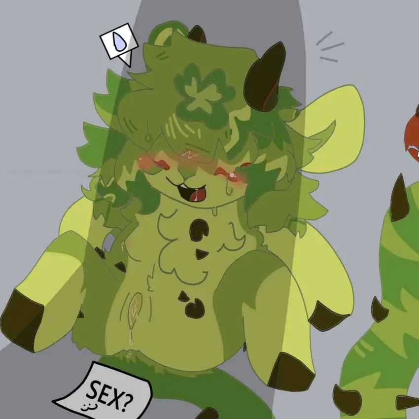 Image blush,female,looking_at_viewer,open_mouth,pussy,sweat,tail,furry,horns,vagina,shadow,drooling,artist_request,sweatdrop,cute,masturbation,sweating,furry_only,asking_for_sex,saliva_drip,spikes,furry_tail,sheep,goat,goat_horns,green_fur,goat_ears,kaiju_paradise,hair_covering_eye,no_shading,sheep_ears,goat_tail,clover,lazy_art,shamrock,shamrock_(kaiju_paradise),sheep_tail,shine