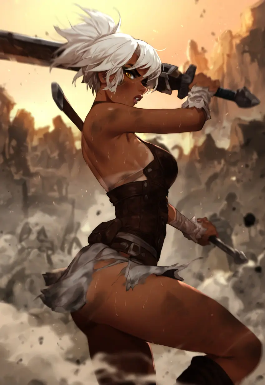 Image female,white_hair,ai_generated,tan_skin,league_of_legends,battle,riven,pumpkinseed