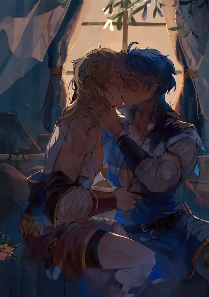 Image blue_hair,male,tongue_out,tongue,muscular,muscular_male,2boys,male_only,yaoi,blonde_hair,sitting,medium_hair,indoors,nintendo,topless,multiple_boys,belt,fire_emblem,kissing,window,undressing,french_kiss,imminent_sex,fire_emblem:_genealogy_of_the_holy_war,mistletoe,byebyefrog,eldigan_(fire_emblem),sigurd_(fire_emblem)
