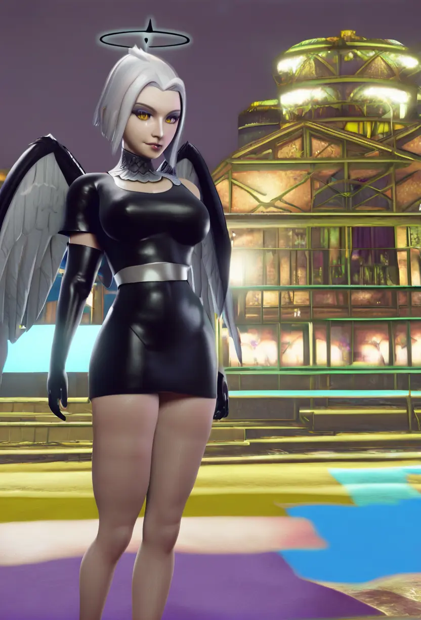 Image breasts,female,large_breasts,white_hair,thick_thighs,thighs,ai_generated,aidude,dress,3d,black_wings,hazbin_hotel,lute_(hazbin_hotel)