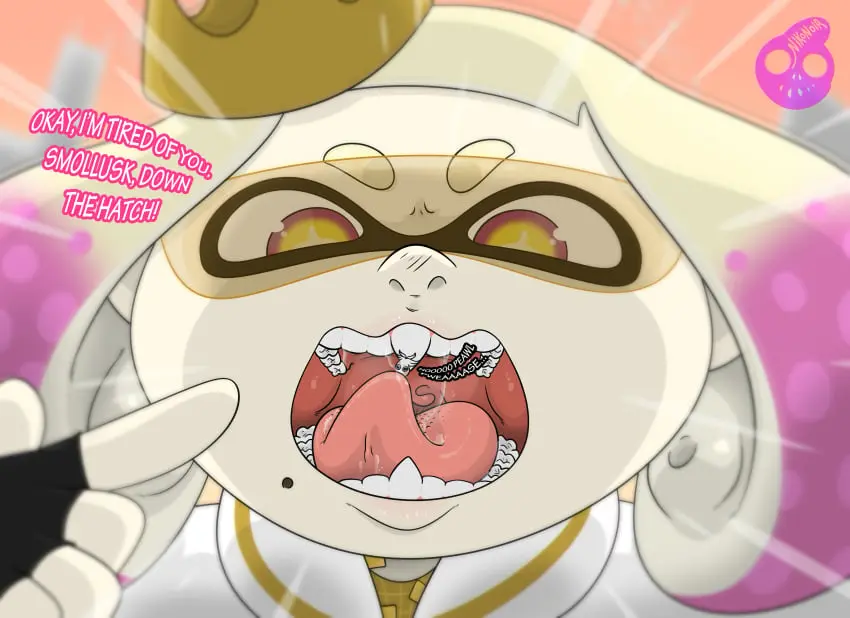 Image short_hair,tongue,blonde_hair,mole,saliva,tentacle,angry,splatoon,giantess,inkling,vore,pearl_(splatoon),splatoon_3:_side_order,licking_teeth,uvula,shrinking,nikonoir,smollusk