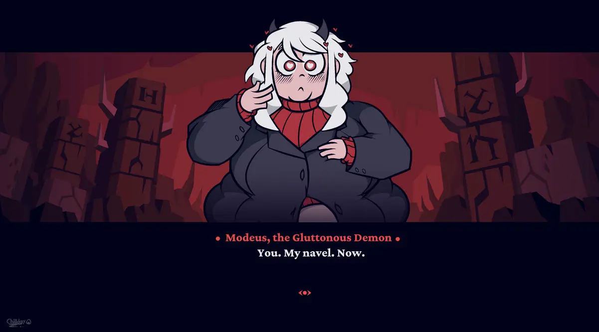 Image female,belly,belly_button,fat_ass,text,monster_girl,demon,demon_girl,demon_horns,chubby,text_box,helltaker,fat,overweight,overweight_female,obese,obese_female,belly_overhang,modeus_(helltaker),belly_out,chillday