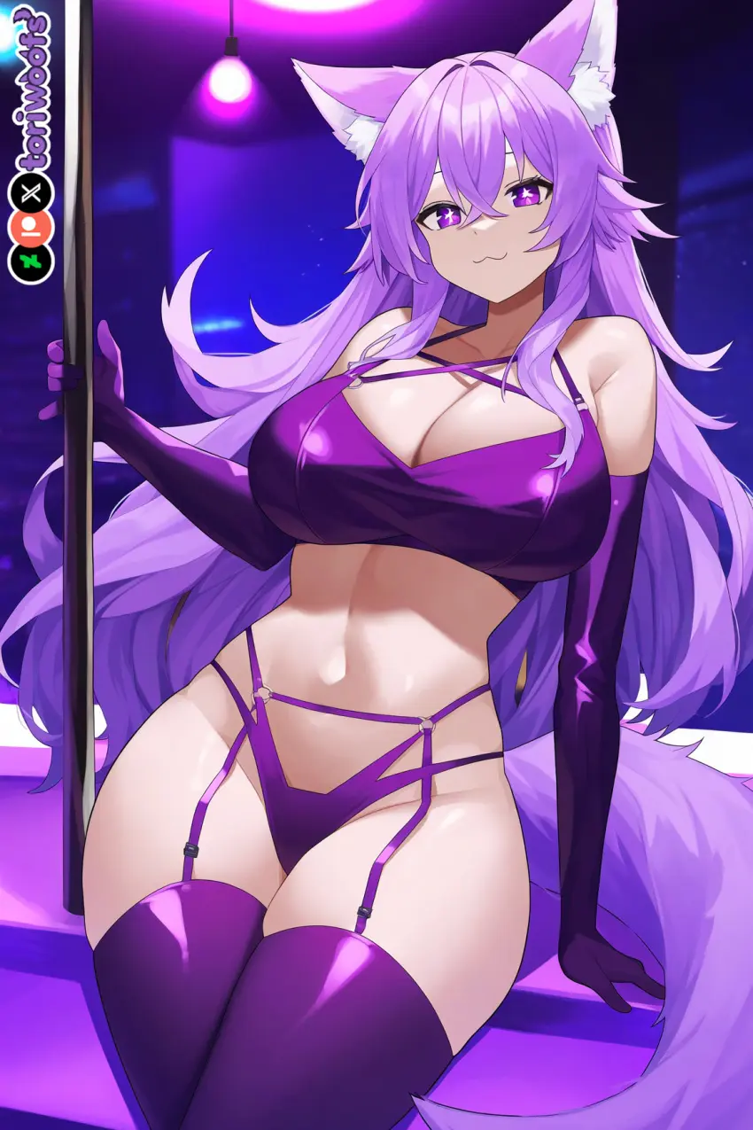 Image 1girls,big_breasts,breasts,female,female_only,highres,light_skin,long_hair,thighhighs,bikini,thick_thighs,thighs,wide_hips,patreon_username,watermark,hips,ai_generated,wavy_hair,huge_breasts,kemonomimi,purple_eyes,curvy,purple_hair,cute,dog_ears,dog_girl,:3,thong,wolf_ears,garter_belt,armwear,huge_boobs,stripper,stripper_pole,garter_straps,purple_ears,light_skinned_female,doggirl,petgirl,purple_tail,tori,toriwoofs