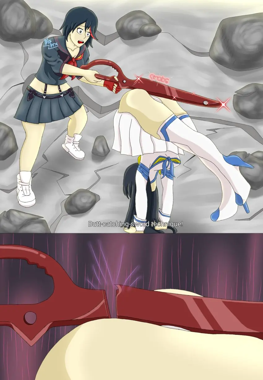 Image clothed,clothing,female,female_only,light-skinned_female,light_skin,long_hair,2girls,short_hair,ass,skirt,junketsu,kill_la_kill,kiryuuin_satsuki,matoi_ryuuko,senketsu,ass_focus,meme,bizdrawings,scissor_blade,scissor_blade_(kill_la_kill)