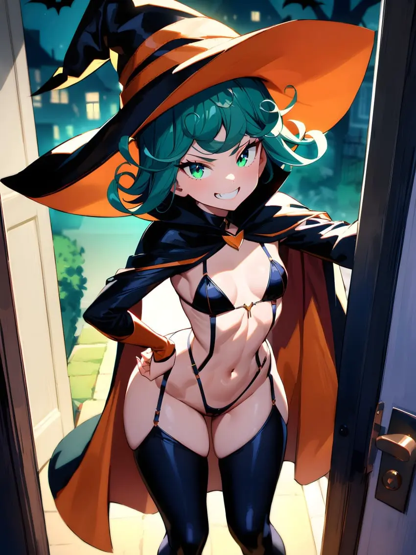 Image 1girls,breasts,female,female_only,looking_at_viewer,solo,standing,navel,short_hair,thighhighs,curly_hair,small_breasts,thick_thighs,thighs,white_skin,ai_generated,belly,belly_button,eyelashes,grin,grinning_at_viewer,solo_female,thigh_gap,green_eyes,legs,pale-skinned_female,slim,stockings,curvy_hips,pale_skin,detached_sleeves,hand_on_hip,outdoors,green_hair,night,slim_waist,micro_bikini,revealing_clothes,stomach,petite_body,petite_female,thong,legwear,open_eyes,witch_hat,g-string,one-punch_man,tatsumaki,costume,garter_straps,smug_grin,narrow_waist,ribs,doorway,door,cloak,house,trick_or_treat