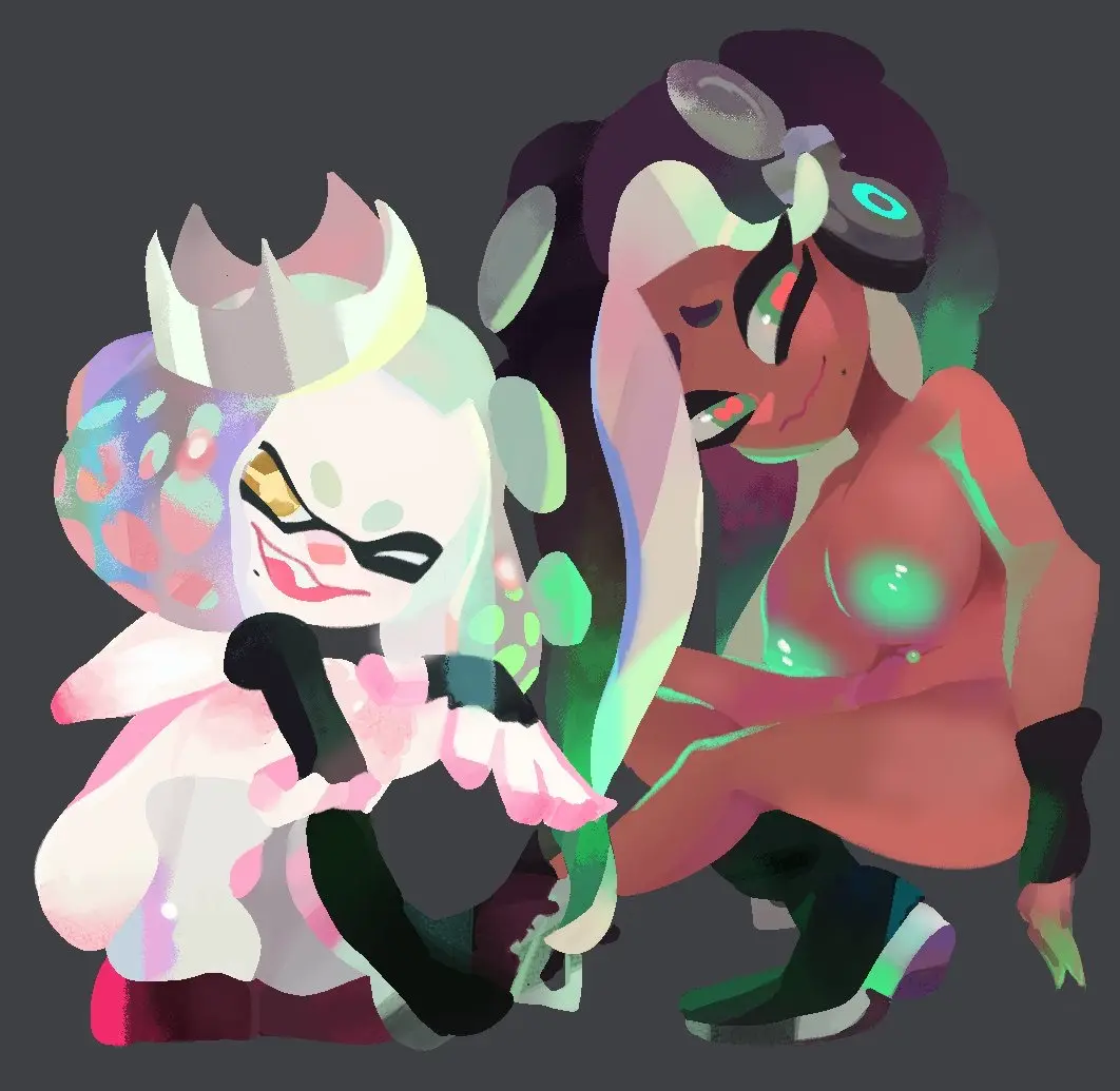 Image female,looking_at_viewer,smile,nude,interracial,dark-skinned_female,crouching,green_nipples,marina_(splatoon),splatoon,splatoon_2,octoling,inkling,casual,cephalopod,ebony,pearl_(splatoon),belly_piercing,vespbee