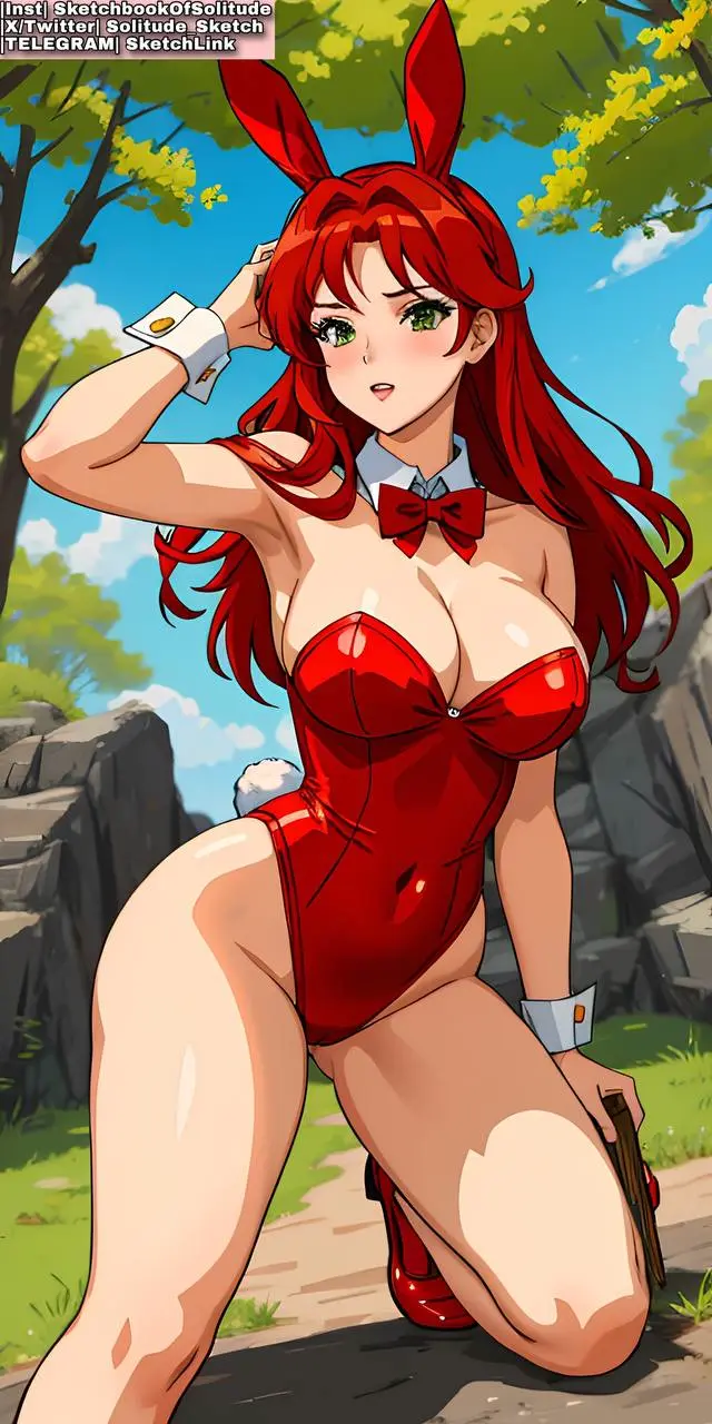 Image big_breasts,breasts,female,female_only,long_hair,thighhighs,red_hair,thick_thighs,thighs,ai_generated,bunny_ears,bunny_girl,bunnysuit,female_human,anime,anime_style,bunny_costume,bunnygirl,ai_hands,soli_sketch,red_outfit,bunny_ear,bunnygirl_outfit