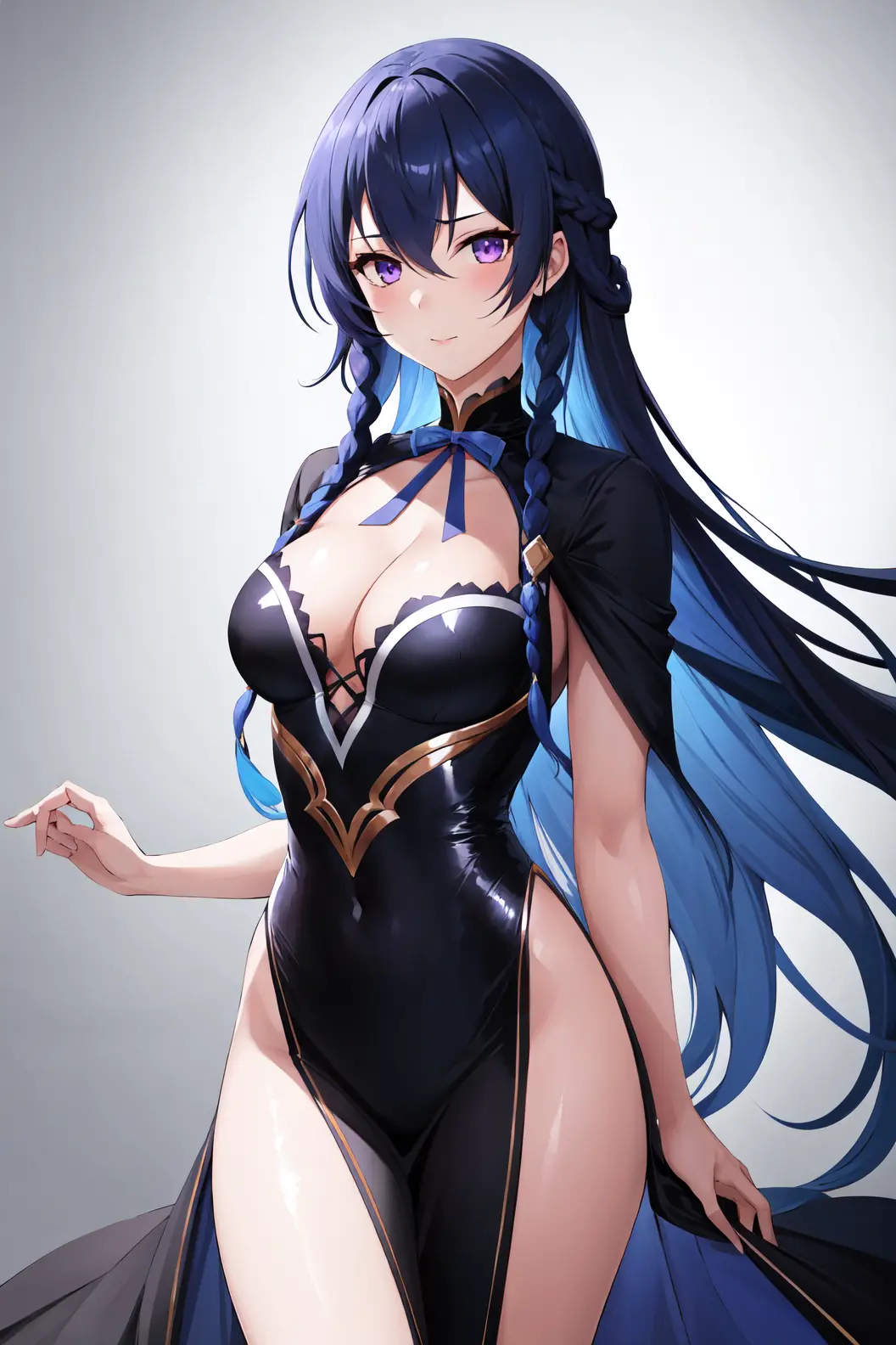 Image 1girls,blush,breasts,female,long_hair,ai_generated,cleavage,medium_breasts,purple_eyes,witch,tinasha,unnamed_memory,zat3rj3en