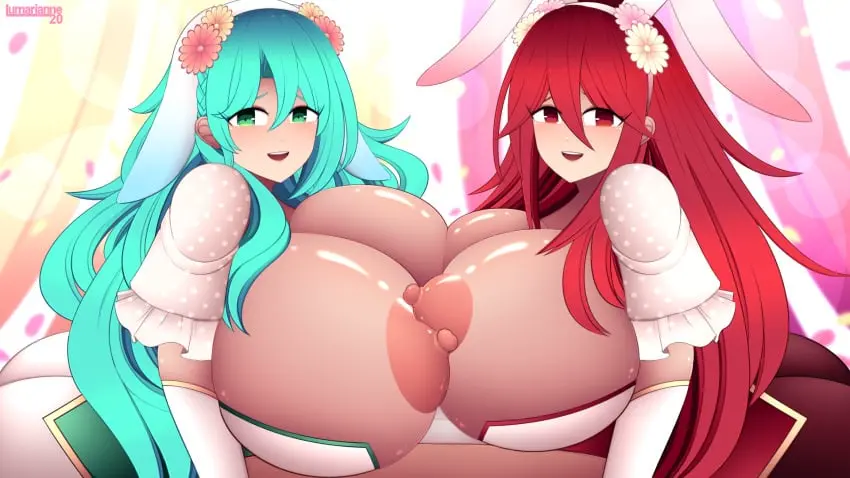 Image breasts,breasts_out,female,long_hair,looking_at_viewer,nipples,open_mouth,red_eyes,smile,very_long_hair,1boy,2girls,blue_hair,male,red_hair,ass,female_focus,voluptuous,aqua_hair,gigantic_breasts,green_eyes,curvy,bunny_ears,bunny_girl,nintendo,braid,pov,hair_between_eyes,bent_over,male_pov,short_sleeves,asymmetrical_docking,breast_press,official_alternate_costume,alternate_costume,flower,hair_flower,fire_emblem,fire_emblem_awakening,fire_emblem_heroes,bunnysuit,large_ass,leotard,pantyhose,fire_emblem_engage,imminent_sex,easter,imminent_paizuri,petals,chloe_(fire_emblem),cordelia_(fire_emblem),lumarianne20