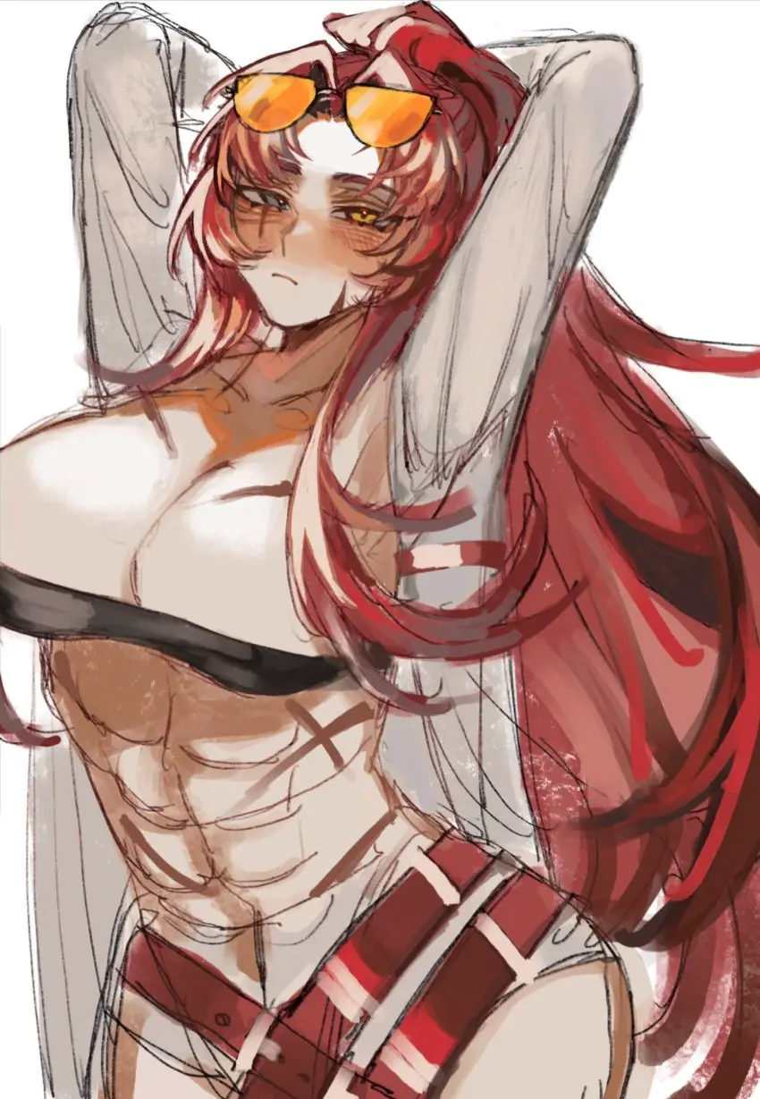 Image 1girls,big_breasts,blush,breasts,clothing,female,looking_at_viewer,red_hair,bra,sunglasses_on_head,revealing_clothes,heterochromia,edit,scar,sunglasses,arms_behind_back,barely_clothed,gebura_(lobotomy_corporation),library_of_ruina,project_moon