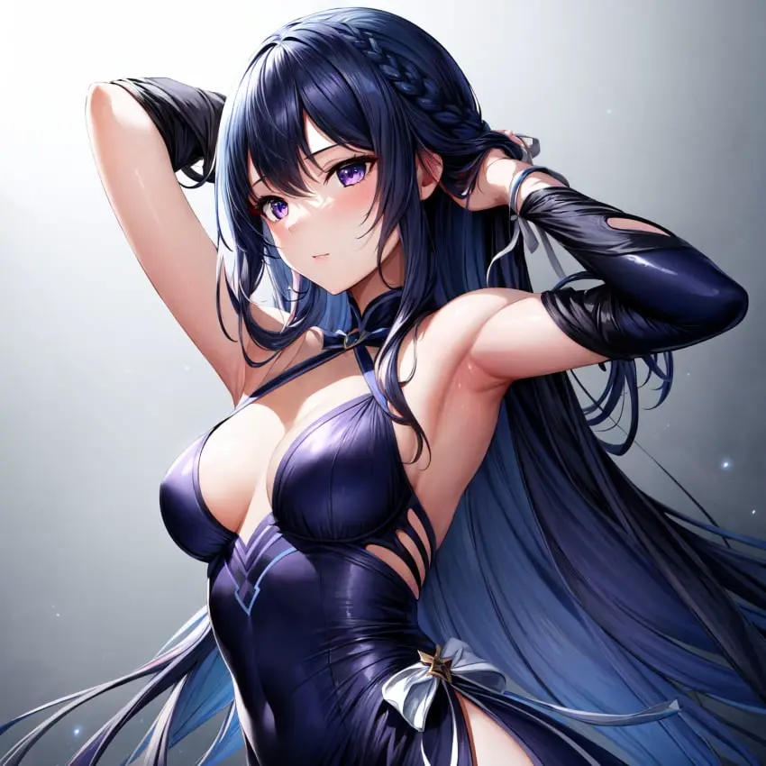 Image 1girls,breasts,female,long_hair,armpits,ai_generated,cleavage,medium_breasts,purple_eyes,witch,tinasha,unnamed_memory,zat3rj3en