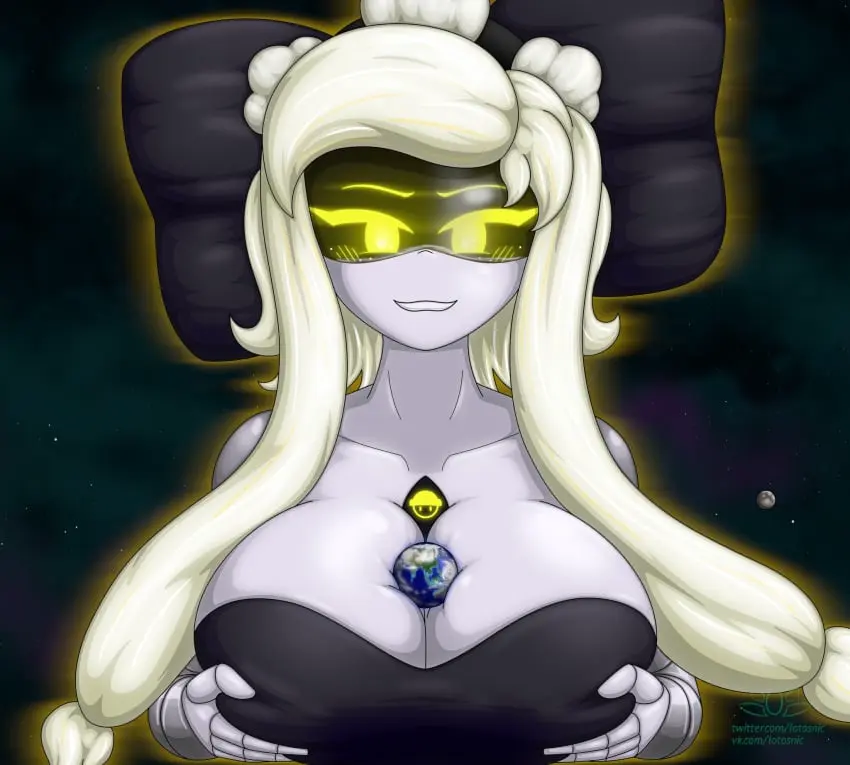 Image 1girls,breasts,female,female_only,long_hair,looking_at_viewer,solo,white_hair,yellow_eyes,humanoid,cleavage,solo_female,huge_breasts,2d,gigantic_breasts,giantess,robot,robot_girl,robot_humanoid,boob_window,dressed,murder_drones,screen_face,glitch_productions,earth,1robot_girl,cyn_(murder_drones),lotosnic