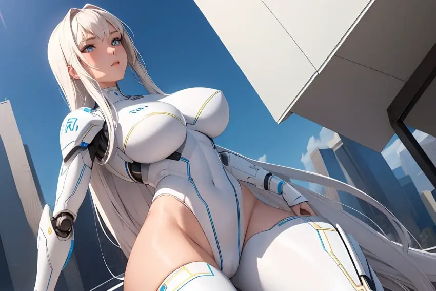 Image big_breasts,breasts,female,long_hair,solo,white_hair,blue_eyes,thighhighs,thick_thighs,thighs,ai_generated,solo_female,pov,leotard,robot_humanoid,dressed,looking_up,android,1robot_girl,poncedart,ps5-tan