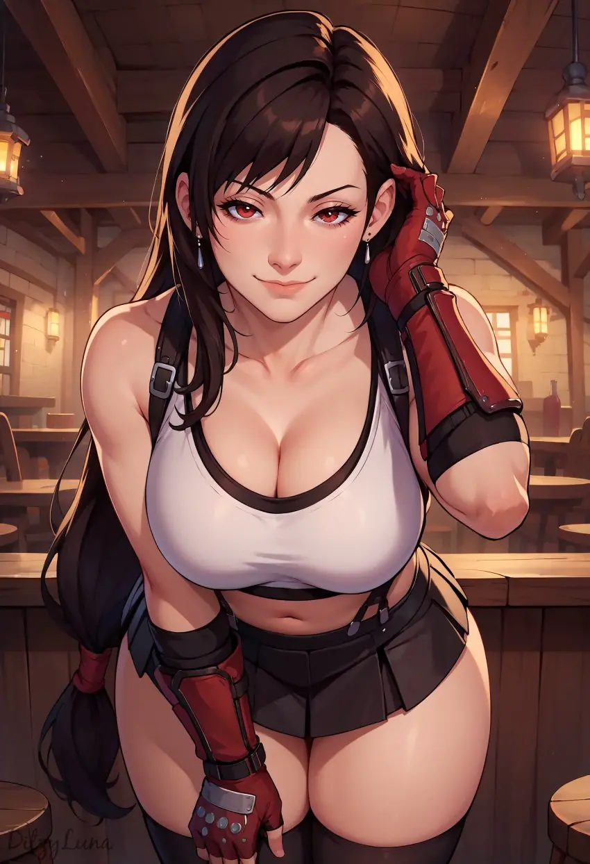 Image big_breasts,blush,breasts,female,hi_res,light-skinned_female,light_skin,long_hair,red_eyes,smile,solo,suspenders,gloves,earrings,thick_thighs,ponytail,ai_generated,solo_female,solo_focus,huge_breasts,busty,indoors,cute,skirt,final_fantasy,final_fantasy_vii,tifa_lockhart,waitress,naughty_face,square_enix,bar,lustful_gaze,ditzyluna,pub