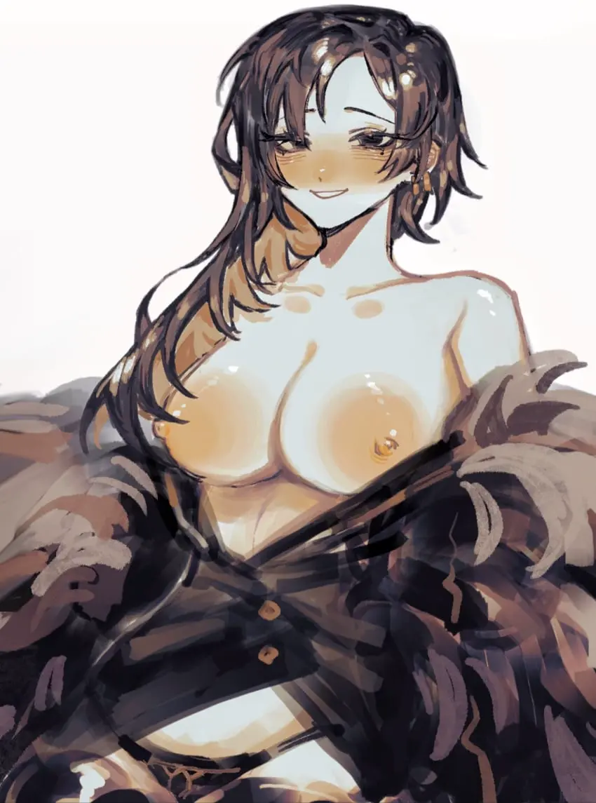Image 1girls,big_breasts,blush,breasts,exposed_breasts,female,smile,black_hair,panties,medium_hair,coat,binah,library_of_ruina,project_moon,lobotomy_corporation