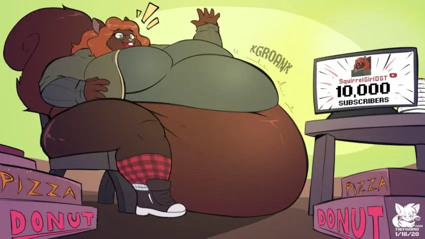 Image 1girls,breasts,female,female_only,large_breasts,furry,ass,female_focus,thick_thighs,thighs,wide_hips,hips,belly,glasses,anthro,hyper_breasts,green_eyes,sitting,brown_hair,stomach,computer,computer_monitor,large_ass,brown_fur,fat,overweight,overweight_female,hyper,waving,buckteeth,rodent,hyper_belly,weight_gain,belly_overhang,milestone_celebration,squirrel,rodent_humanoid,squirrel_girl,squirrel_humanoid,waving_at_viewer,belly_on_ground,gwen_nevis,ill-fitting_clothes,thefoxbro