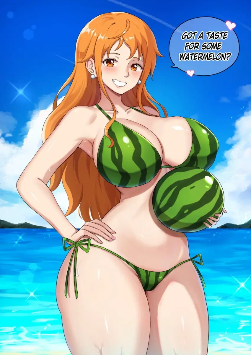 Image 1girls,breasts,female,female_only,hi_res,light-skinned_female,light_skin,long_hair,bikini,thick_thighs,one_piece,wide_hips,nami_(one_piece),orange_hair,post-timeskip,huge_breasts,sleeptopi,watermelon,watermelon_bikini