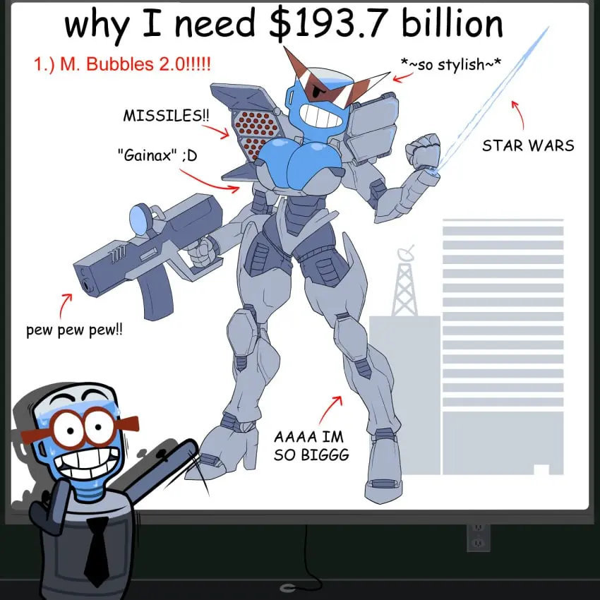 Image 1girls,breasts,female,female_only,large_breasts,sweat,female_focus,voluptuous,cleavage,glasses,text,voluptuous_female,sweatdrop,presenting,english_text,glasses_on_head,sunglasses,tie,gun,mecha,futuristic,jackbox_games,;d,emoticon,ennbee,futuristic_armor,job_job,kamina_shades,m._bubbles,powerpoint,presentation,the_jackbox_party_pack_8,water_jug