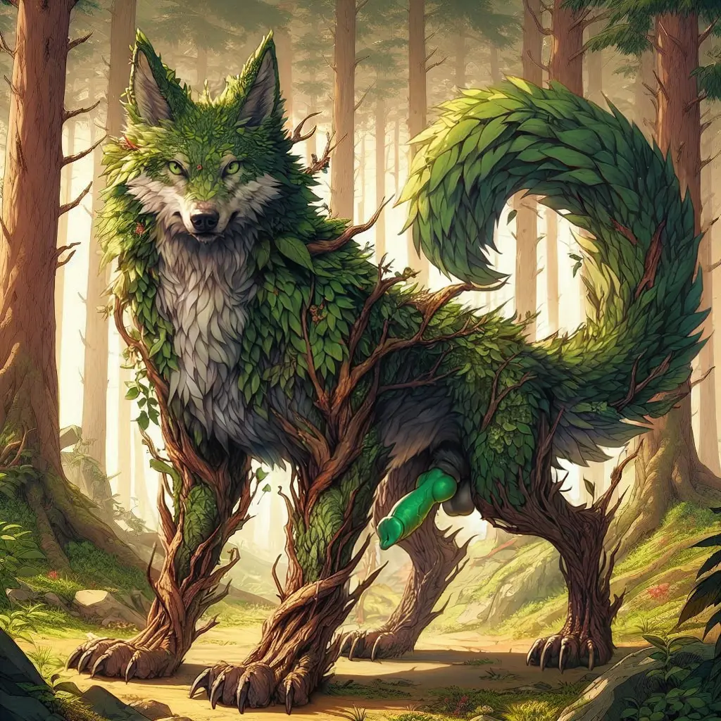 Image looking_at_viewer,solo,male,penis,ai_generated,balls,green_eyes,canid,canine,canis,genitals,low-angle_view,mammal,wolf,claws,paws,toe_claws,detailed,tree,forest,animal_genitalia,animal_penis,canine_penis,knot,plant,detailed_background,feral,elemental_creature,anatomically_correct,anatomically_correct_genitalia,rock,green_penis,flora_fauna,detailed_fur,pony_diffusion_(model),director_firewolf