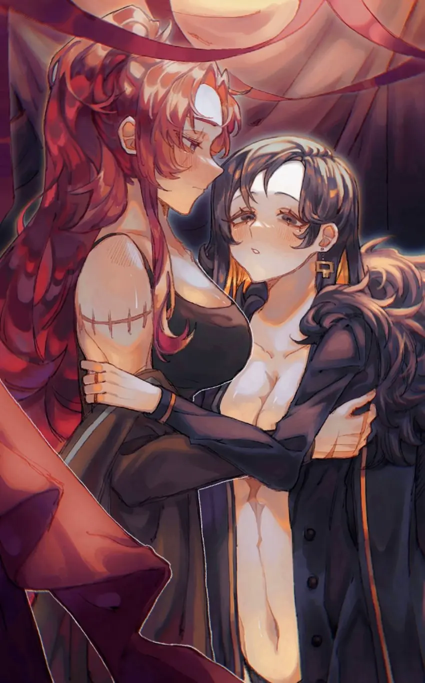 Image big_breasts,blush,breasts,clothing,female,long_hair,open_clothes,2girls,black_hair,red_hair,earrings,scar,binah,gebura_(lobotomy_corporation),library_of_ruina,project_moon