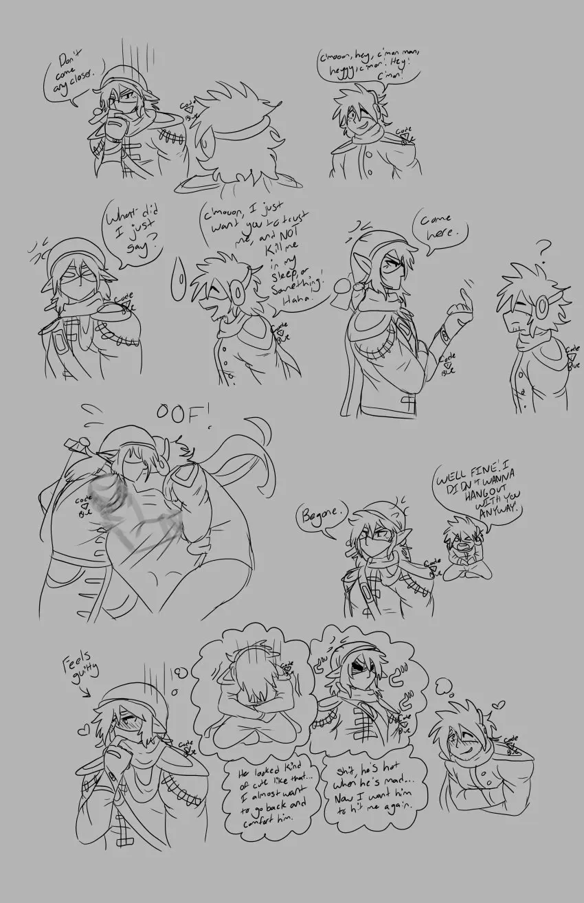 Image heart-shaped_pupils,male,2boys,male_only,elf,original_character,brown_hair,gay,comic,monochrome,elf_ears,oc,hearts_around_head,ninja,annoyed,duo_focus,scarf,softcore,spiky_hair,elf_male,doodle,c0de_blue,half_mask,jio_(ridgeside_village),ridgeside_village,stardew_valley,zack_(c0de_blue),tsundere,mage,ryona,gut_punch,punch,come_here,holding_stomach,farmer_(stardew_valley),regret,awakening,gentle_maledom,hitting