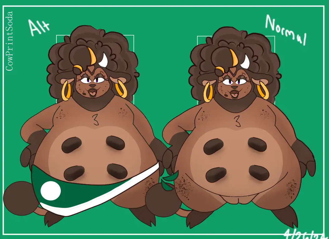 Image female,solo,nude,pokemon,pokemon_(species),pussy,thick_thighs,freckles,accessory,hair_accessory,anthro,piercing,lips,purple_eyes,nintendo,genitals,mammal,horn,ear_piercing,bovid,bovine,markings,brown_body,overweight,overweight_female,mostly_nude,generation_2_pokemon,model_sheet,ear_ring,ring_piercing,mole_(marking),brown_lips,cattle,alternate_version_at_source,thick_bottom_lip,teats,udders,hoop_ear_ring,freckled_legs,earrings_only,cowprintsoda,freckled_chest,miltank,mocha_(cowprintsoda)