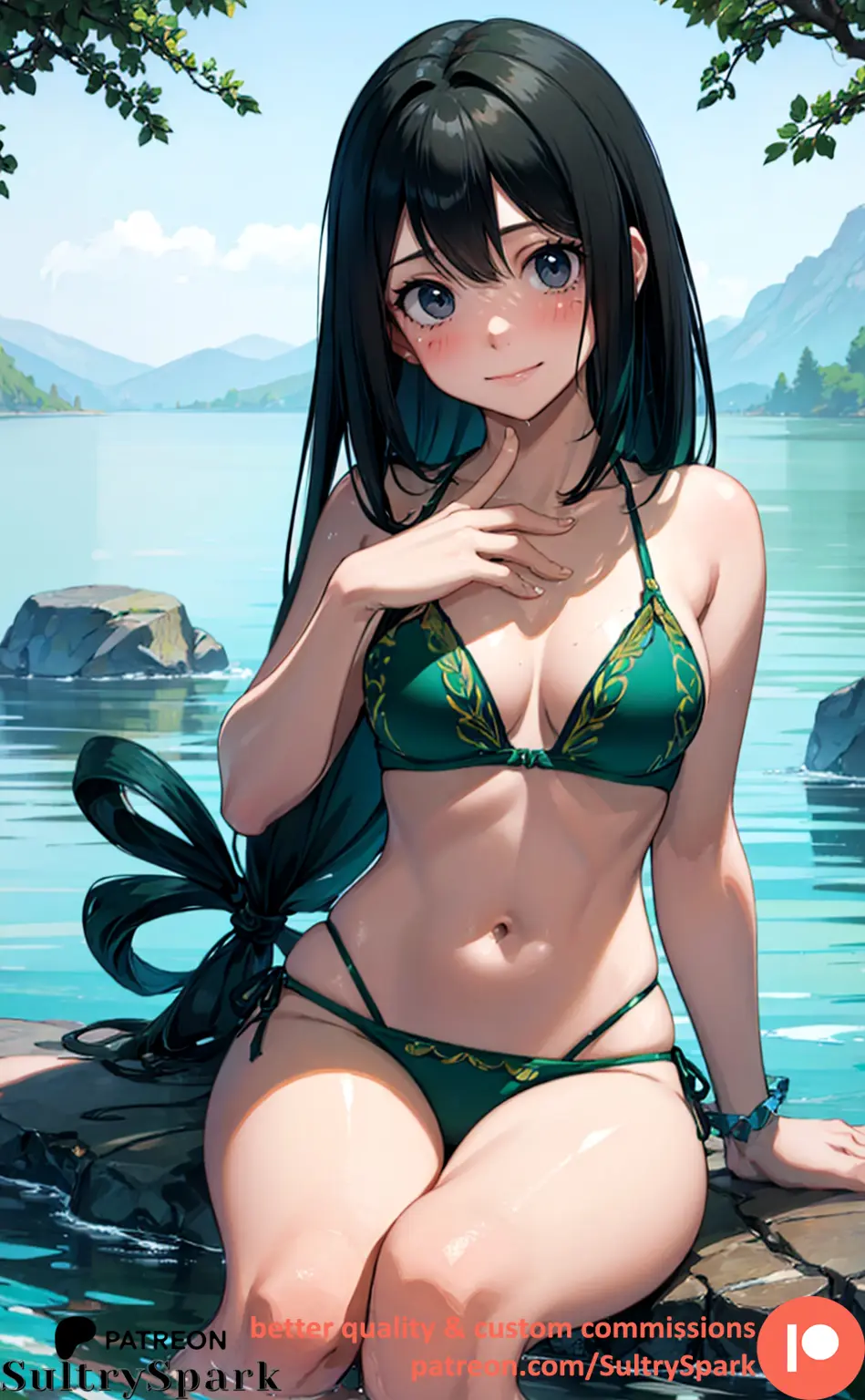 Image female,long_hair,smile,bikini,patreon,patreon_username,smiling,smiling_at_viewer,ai_generated,eyes,my_hero_academia,outdoors,green_hair,boku_no_hero_academia,hands-free,commission,green_bikini,lake,tsuyu_asui,sultryspark