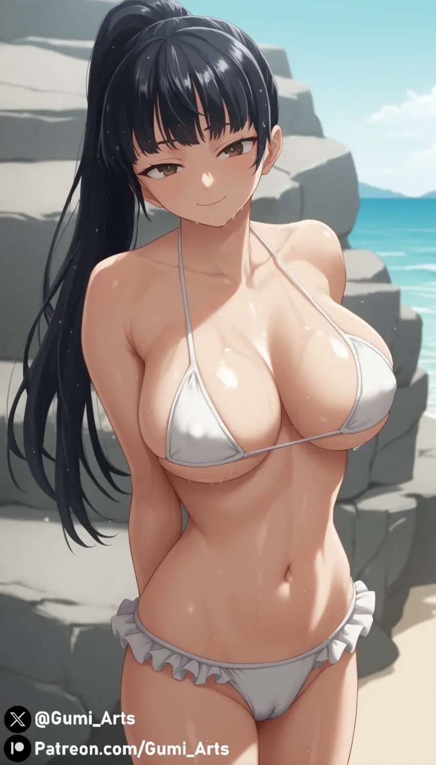 Image 1girls,brown_eyes,female,smile,black_hair,bikini,ponytail,beach,ai_generated,cleavage,covered_nipples,stable_diffusion,wet,cameltoe,outdoors,hand_behind_back,covered_pussy,naughty_face,oiled,gumi_arts,boku_no_kokoro_no_yabai_yatsu,yamada_anna