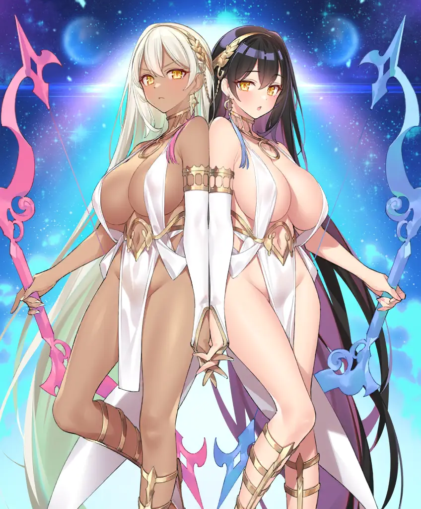 Image blush,breasts,female,female_only,long_hair,looking_at_viewer,shiny_skin,standing,v-shaped_eyebrows,very_long_hair,white_hair,2girls,black_hair,multiple_girls,navel,yellow_eyes,earrings,dark_skin,sky,bare_shoulders,gold_trim,hairband,jewelry,huge_breasts,navel_cutout,cloud,dark-skinned_female,hair_between_eyes,no_panties,closed_mouth,sisters,revealing_clothes,:o,holding,frown,holding_hands,planet,space,siblings,holding_weapon,weapon,fully_clothed,gold,sandals,white_nails,bow_(weapon),starry_sky,bridal_gauntlets,official_art,groin,standing_on_one_leg,pelvic_curtain,covered_erect_nipples,twins,center_opening,star_(sky),clothing_cutout,lens_flare,light_particles,contrast,dangle_earrings,gold_hairband,back-to-back,absurdly_long_hair,apollo_(evertale)_(character),artemis_(evertale),evertale,holding_bow_(weapon),laurel_crown,popqn,white_bridal_gauntlets