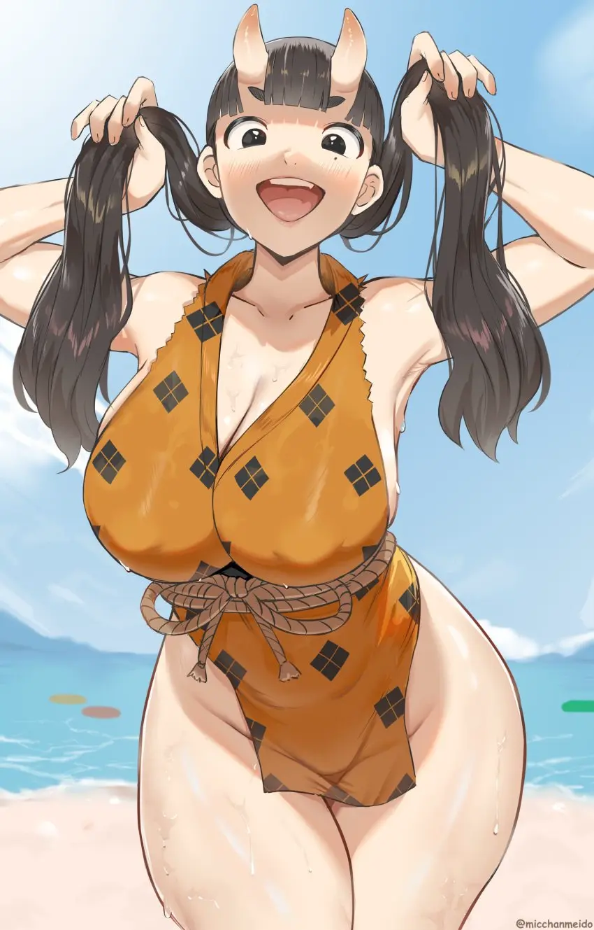 Image 1girls,breasts,female,female_only,large_breasts,light-skinned_female,solo,thick_thighs,wide_hips,beach,horns,huge_breasts,pale-skinned_female,twintails,slim_waist,oni,oni_horns,dungeon_meshi,oni_female,holding_hair,hair_lift,ogre_girl,inutade_(delicious_in_dungeon),micchan_(micchanmeido),holding_own_hair
