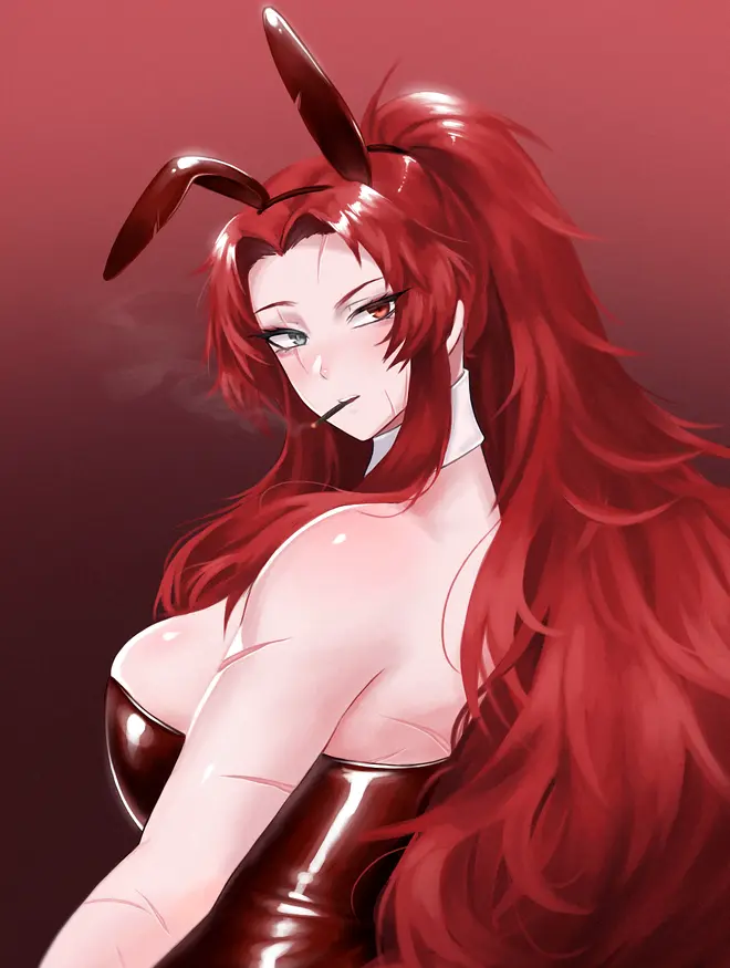 Image big_breasts,breasts,female,long_hair,red_hair,looking_back,bunny_ears,heterochromia,scar,corset,smoking,gebura_(lobotomy_corporation),library_of_ruina,project_moon