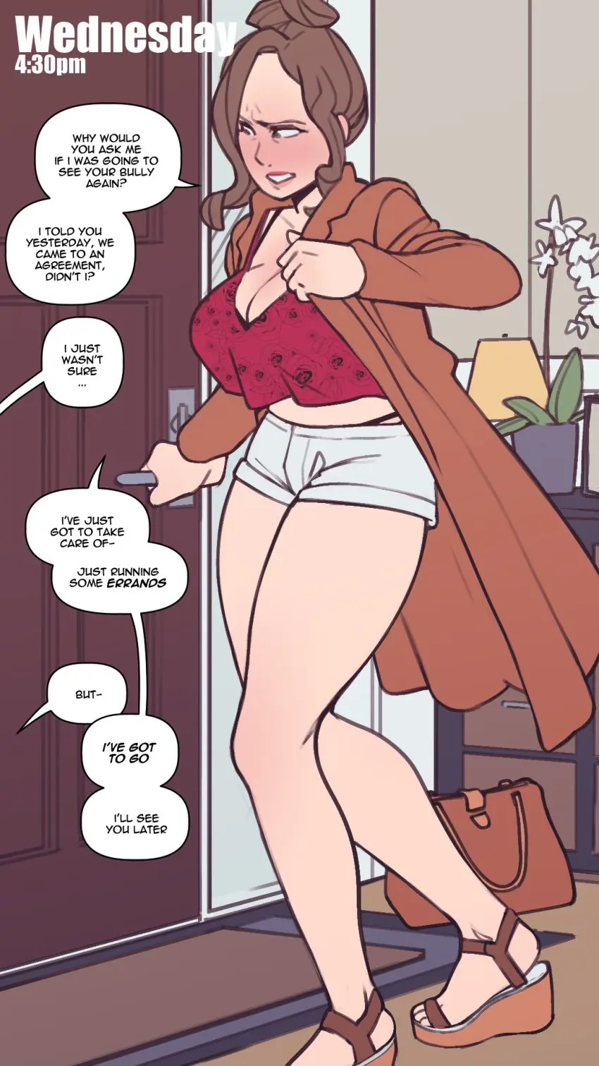 Image 1girls,big_breasts,blush,breasts,female,large_breasts,male,penis,big_ass,big_penis,dark-skinned_male,milf,cleavage,original,original_character,mature_female,comic,shorts,english_text,cheating,netorare,ntr,9:16,perfect_legs,cuckold,cheating_wife,corruption,wedge_heels,motherly_cuckold,bully,not_enough_milk_(artist),cucked_by_bully,eileen_moore,isaac_adams,mom_with_bully,cheating_mother,cuckolded,your_mom