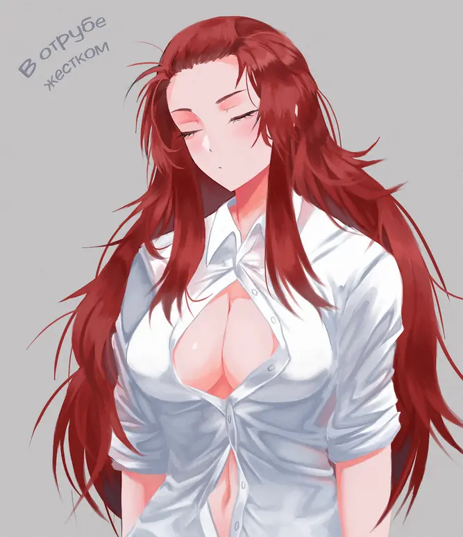 Image 1girls,big_breasts,breasts,female,long_hair,open_clothes,shirt,standing,red_hair,cleavage,closed_eyes,gebura_(lobotomy_corporation),library_of_ruina,project_moon