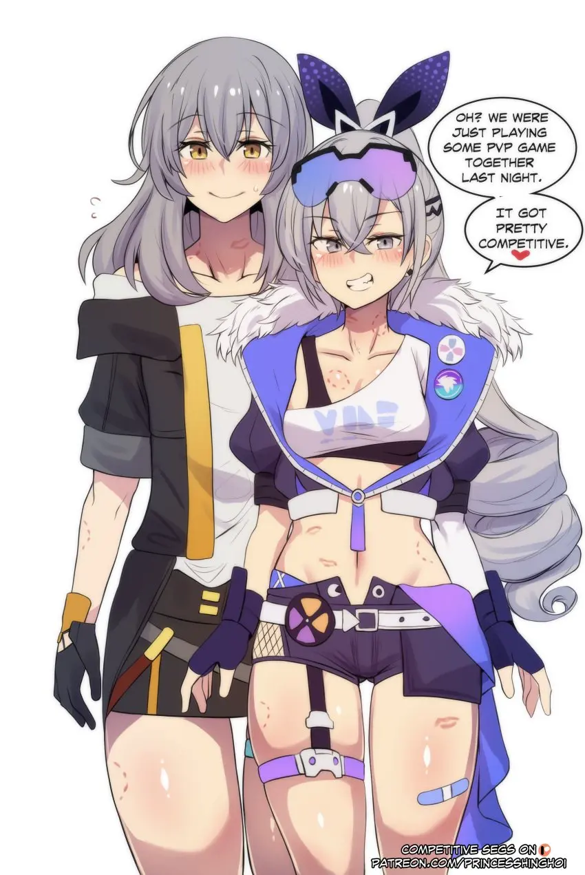 Image blush,clothed,female,female_only,grey_hair,long_hair,2girls,gloves,multiple_girls,after_sex,bite_mark,dialogue,yuri,shorts,thigh_strap,implied_sex,hickey,kiss_mark,honkai:_star_rail,stelle_(honkai:_star_rail),silver_eyes,implied_after_sex,silver_wolf_(honkai:_star_rail),hickey_marks,hinghoi,princesshinghoi
