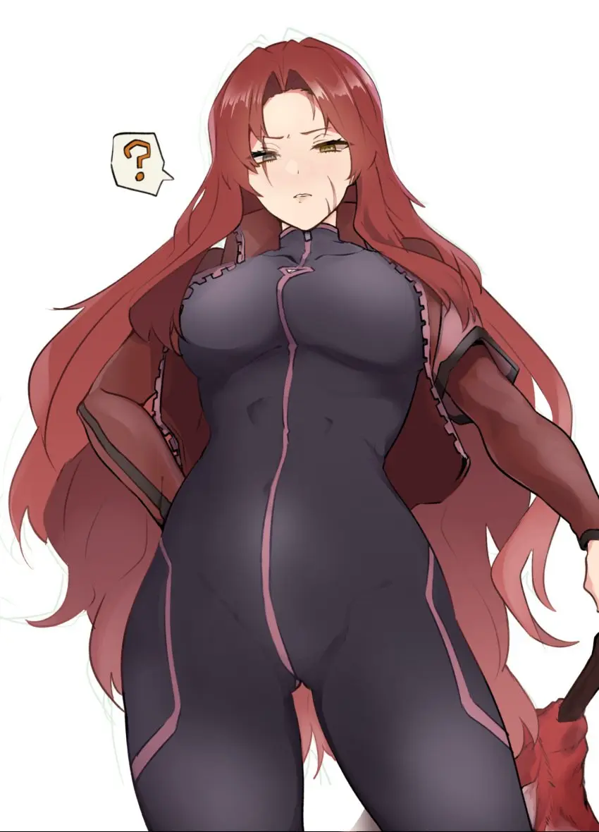 Image 1girls,big_breasts,breasts,clothing,female,long_hair,looking_at_viewer,very_long_hair,red_hair,thighs,skinsuit,jacket,from_below,heterochromia,scar,anime,anime_style,gebura_(lobotomy_corporation),project_moon,lobotomy_corporation