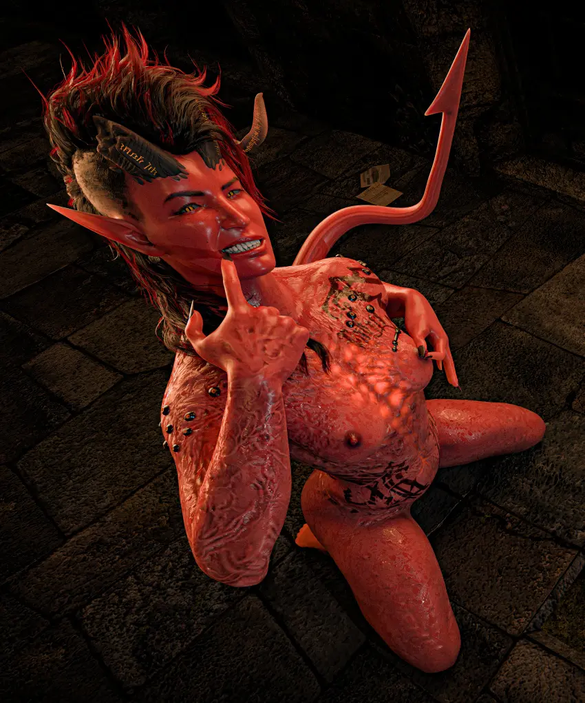 Image breasts,female,female_only,highres,looking_at_viewer,shiny_skin,solo,black_hair,nude,sweat,tail,red_hair,kneeling,horns,solo_female,tattoo,tagme,naked,busty,3d,blender,glowing_eyes,claws,horn,fangs,3d_(artwork),high_resolution,video_games,glowing,red_body,4k,baldur's_gate_3,dungeons_and_dragons,baldur's_gate,dungeon,tiefling,tattoos,fantasy,nipple_play,karlach,burn_scar,3d1viner