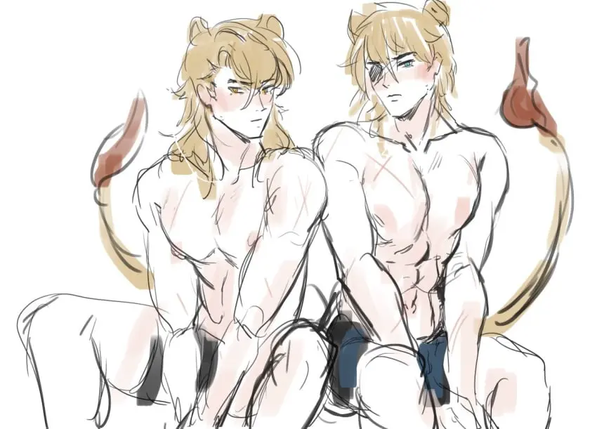 Image looking_at_viewer,white_background,animal_ears,blue_eyes,male,short_hair,tail,yellow_eyes,underwear,muscular,muscular_male,2boys,male_only,blonde_hair,sitting,brown_hair,medium_hair,nintendo,topless,multiple_boys,fire_emblem,fire_emblem:_three_houses,scar,eyepatch,fire_emblem:_genealogy_of_the_holy_war,lion_boy,dimitri_alexandre_blaiddyd,byebyefrog,ares_(fire_emblem)