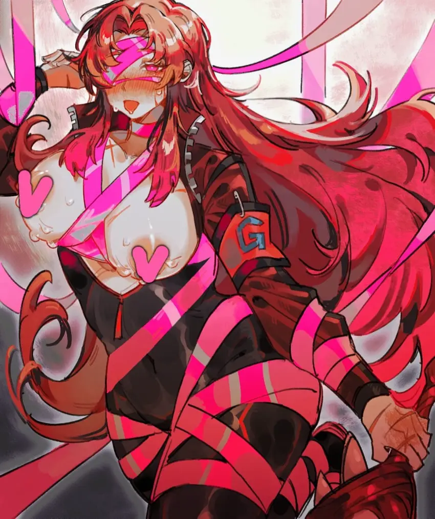 Image 1girls,big_breasts,blush,breasts,clothing,exposed_breasts,female,long_hair,open_clothes,tongue_out,red_hair,thick_thighs,censored,jacket,bodysuit,pink_ribbon,unzipped_bodysuit,corruption,gebura_(lobotomy_corporation),project_moon,lobotomy_corporation,pink_shoes_(limbus_company)