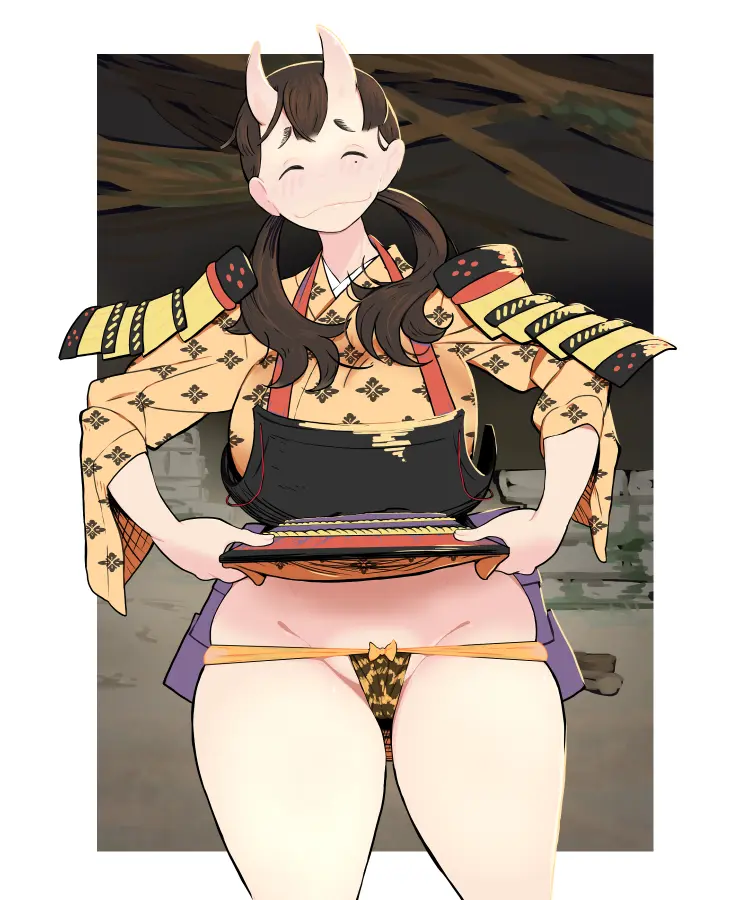 Image blush,thick_thighs,wide_hips,thong,nervous_smile,flashing,dungeon_meshi,upskirt,flashing_pussy,inutade_(delicious_in_dungeon),yakumo_ryoujin