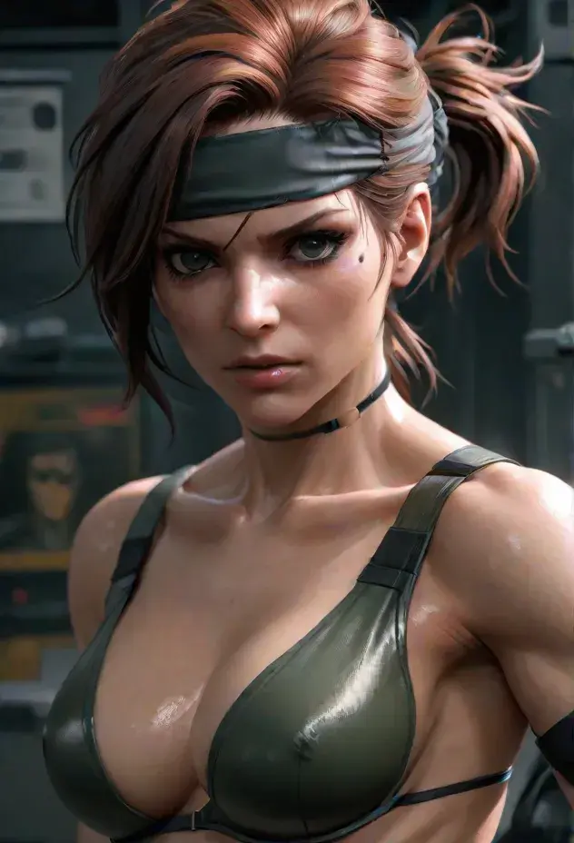 Image bra,ai_generated,headband,brown_hair,nipples_visible_through_clothing,rule_63,konami,ai,genderswap_(mtf),genderswap,metal_gear,metal_gear_solid,green_bra,nipples_visible_through_bra,grey_headband,solid_snake