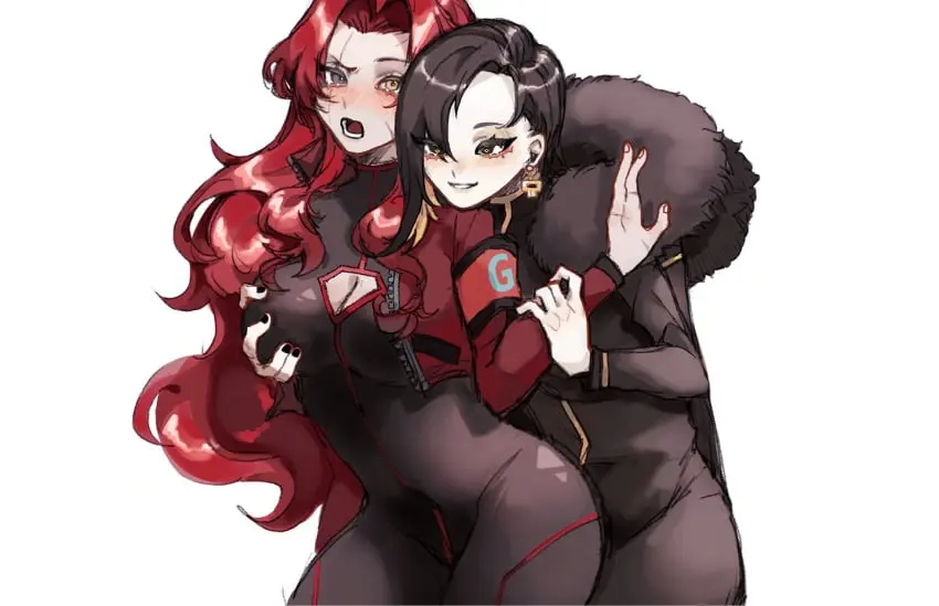 Image big_breasts,blush,breasts,clothing,female,long_hair,2girls,black_hair,short_hair,red_hair,earrings,thick_thighs,from_behind_position,skinsuit,grabbing,heterochromia,bodysuit,coat,binah,gebura_(lobotomy_corporation),project_moon,lobotomy_corporation