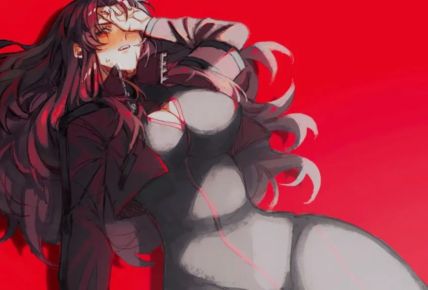 Image 1girls,big_breasts,blush,breasts,female,long_hair,looking_at_viewer,open_clothes,red_hair,thick_thighs,skinsuit,jacket,bodysuit,laying_down,scar,gebura_(lobotomy_corporation),project_moon,lobotomy_corporation