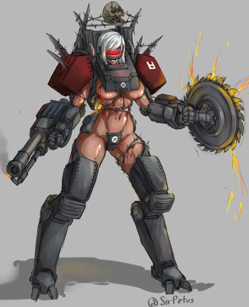 Image breasts,female,female_only,large_breasts,red_eyes,white_hair,female_focus,thick_thighs,dark_skin,belly_button,solo_female,underboob,2d,text,dark-skinned_female,blood,english_text,cyborg,grey_background,weapon,skull,toned,toned_female,robot,robot_girl,robot_humanoid,helldivers,helldivers_2,automaton_(helldivers),sirpetus